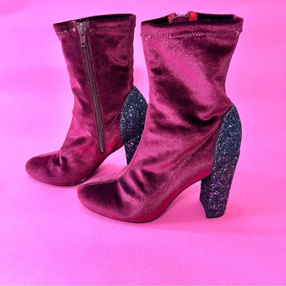 Burgundy Velvet Ankle Boots with Rhinestones/Glitter Block Heels